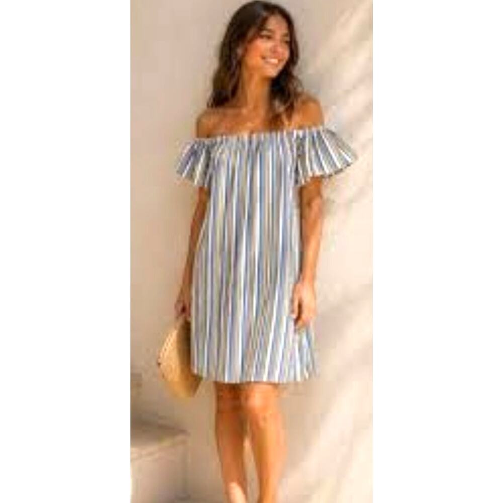 Modcloth Cape Cod Cutie Striped Off The Shoulder Mini Dress XL Blue Yellow Brown